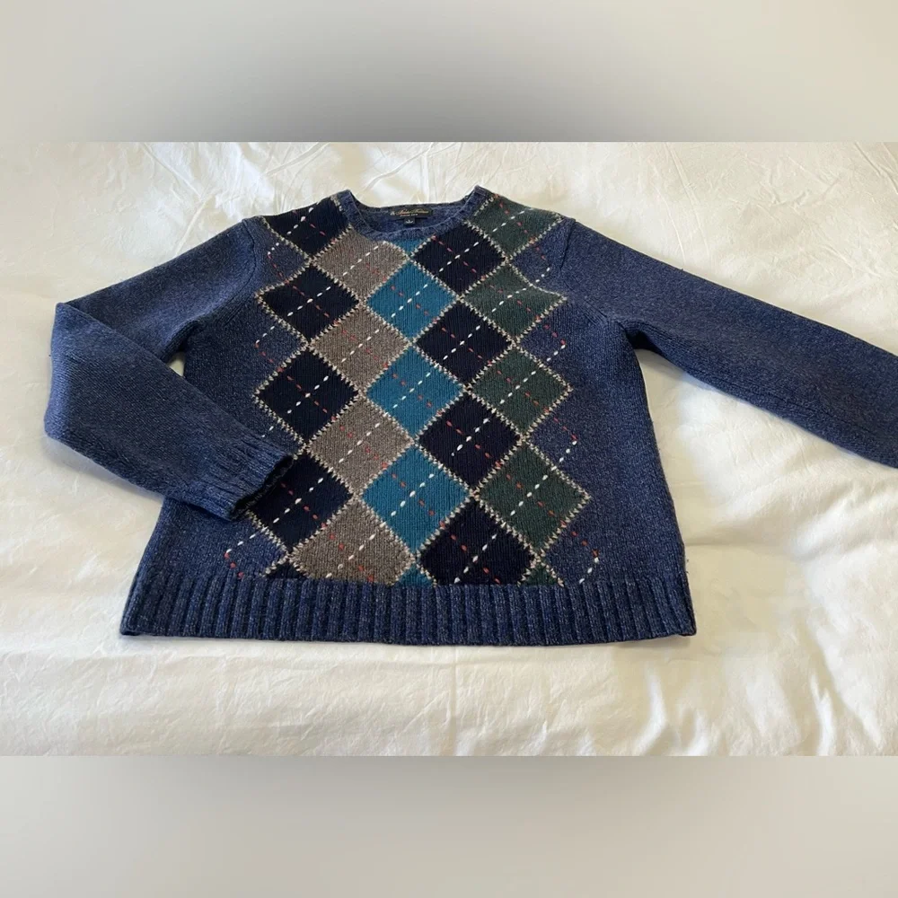 Brooks Brothers | Mens Large | Multicolor Argyle Merino Wool Cable Knit SWEATER - Picture 1 of 10